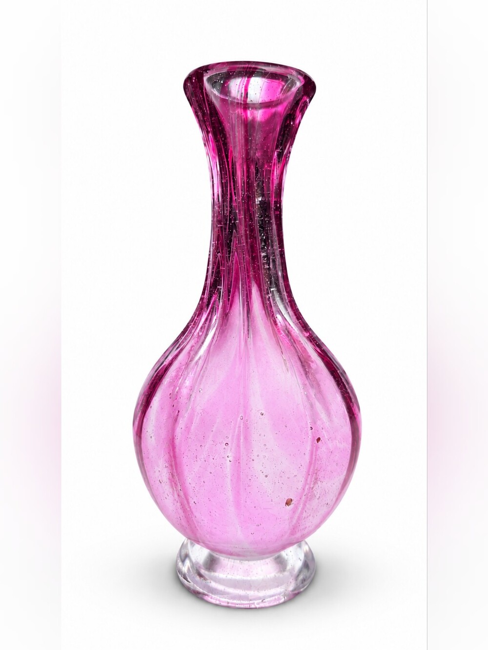 Vintage Pink Hand Blown Art Glass Vase 9” Bubble Glass Long Neck